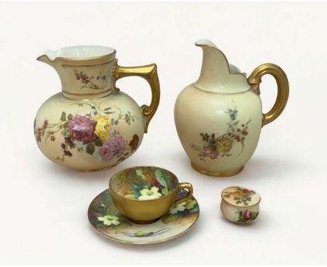Range of blush ivory Royal Worcester blush ivory ceramics to include: a jug with polychrome floral decoration, gilt painted h
