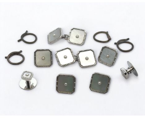 White gold and mother of pearl cufflinks, studs and buttons stamoed 9ct. Cufflinks sponsor HH&amp;S, buttons sponsor S&amp;LU