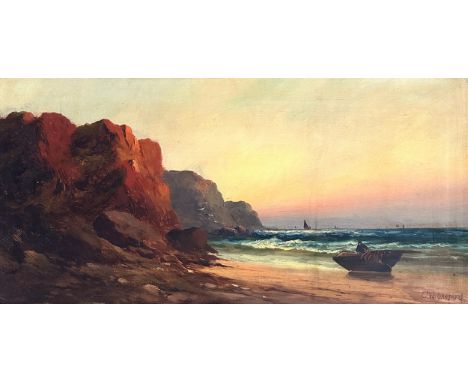 Charles W Oswald (British, fl. 1892-1900),Coastal landscape with fishing boat, Oil on canvas, Signed to lower right, Framed, 
