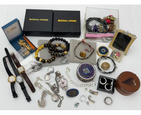 Collection of silver, costume jewellery and watches etc. Includes a tanzanite and diamond ring, a silver locket, a silver cat