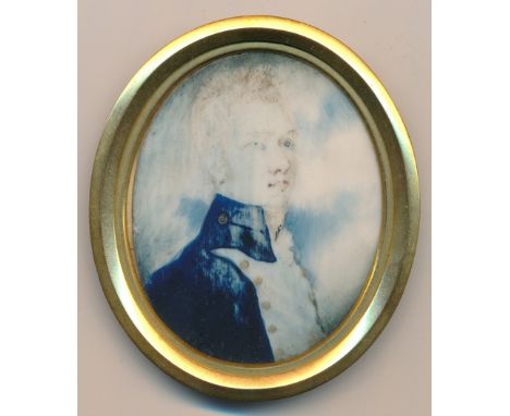 English School (19th Century),Miniature portrait of a gentleman in blue jacket,Watercolour on ivory,Unsigned,Gilt frame,Deter