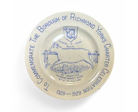 To Celebrate The Borough of Richmond Yorks Charter Celebration 1329-1929 Ox Roasting plate by Grimwades. Small chip to rim, c