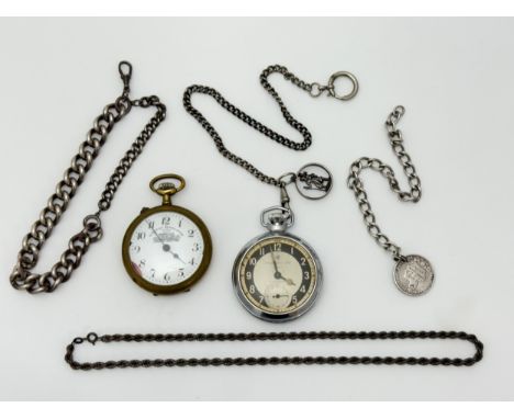 Two pocket watches and silver chains. A chrome Ingersoll Triumph pocket watch on a white metal chain with silver St Christoph