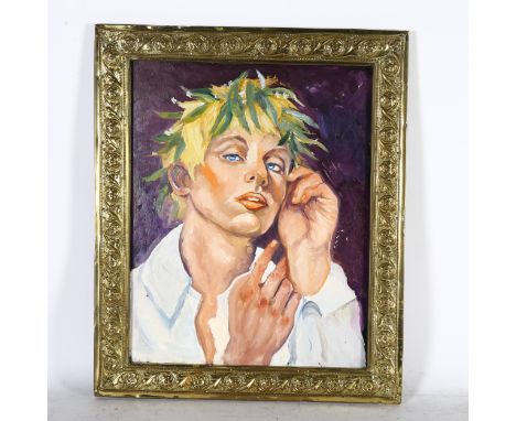 Clive Fredriksson, oil on board, portrait of a boy and garland, 57cm x 48cm overall, embossed brass-framed 