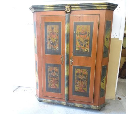 An antique Folk Art painted pine two-door wardrobe. 140x170x60cm.Key present, but lock stuck closed. 