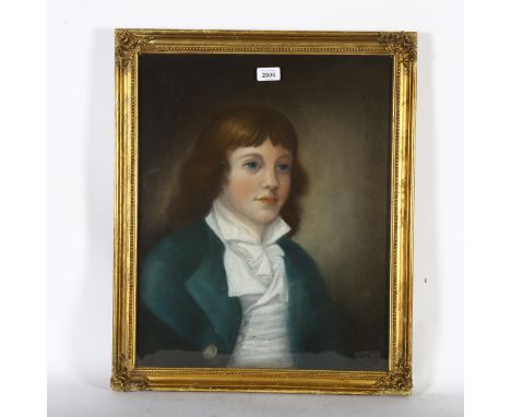 Victorian pastels on canvas, portrait of a young boy in a blue coat, possibly Edwin second son of Major Davey, with script to