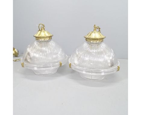 A pair of modern pendant light fittings in the manner of Holophane, with ribbed glass shades. Shade 40x40cm, chain length 115