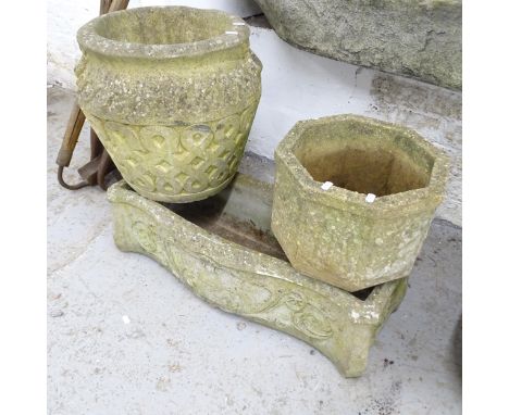 A weathered concrete rectangular garden planter, 76x21x30cm, a weathered concrete hexagonal planter, 30x22cm, and another pla