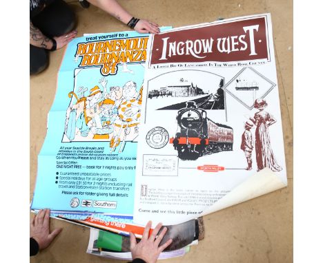 A large collection of railway advertising posters, including Ingrow West, Treat Yourself To A Bournemouth Bonanza 1984, Break