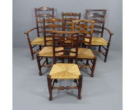 A matched set of six north country style rush seated ladder back dining chairs. (4+2). 