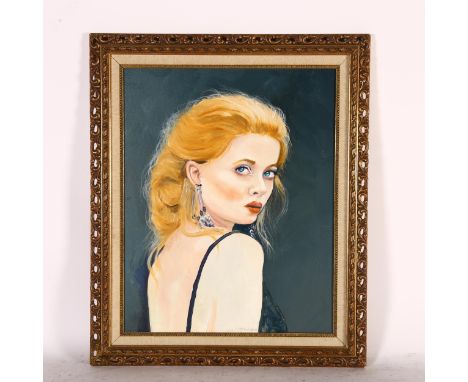 Clive Fredriksson, oil on board, portrait study of a lady with blonde hair, 62cm x 52cm overall, gilt-framed 