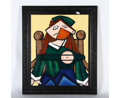 Carol Maddison, abstract portrait figure, woman seated in a chair, acrylics on canvas, 62cm x 52cm overall, framed 