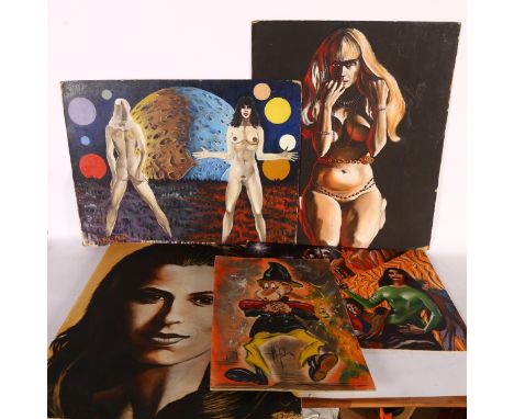 A R Fallone, 6 original acrylics on board, including a portrait study, futuristic etc, largest 61cm x 51cm, and another 