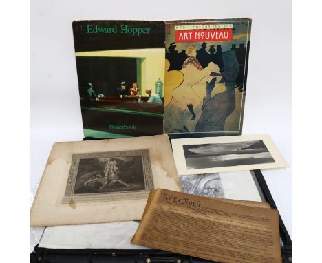Edward Hopper, post book containing 6 prints, an Art Nouveau poster book containing 6 prints, and various engravings etc 