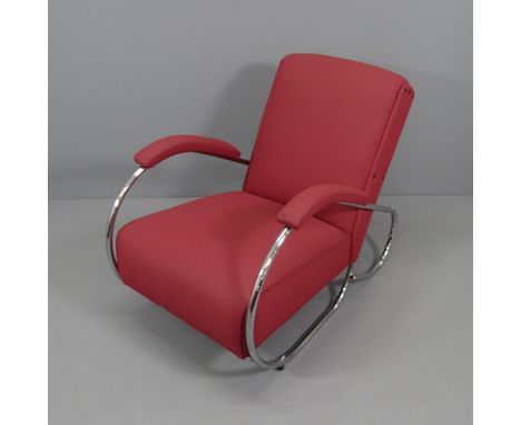 A 1930s modernist Art Deco tubular steel lounge chair, attributed to PEL, later upholstery. 
