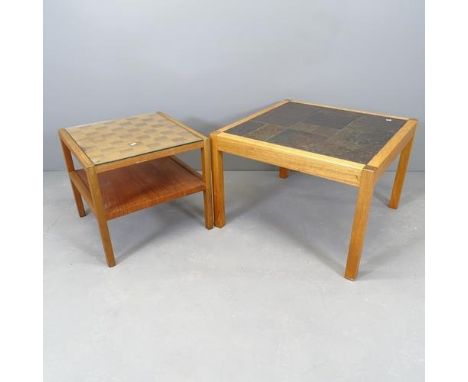 A mid-century teak square games-top two-tier coffee table with inset glass top, 50x46cm and a modern pine square tile-top cof