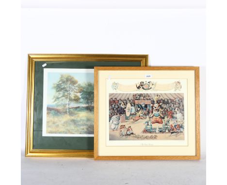 After Louis Wain, coloured print, the cats circus, framed, and T Mann, limited edition coloured print, 38/850, "birch trees",