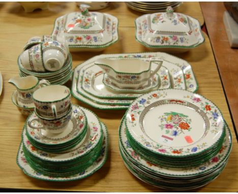 A Copelands Spode Chinese Rose pattern part dinner service to include vegetable tureens, meat plates, and tea wares