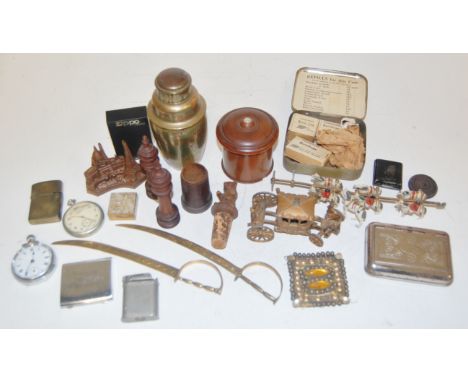 Mixed lot to include; circa 1900 treen string box, silver plated snuff box, Crescent Coronation carriage, pocket watches etc 