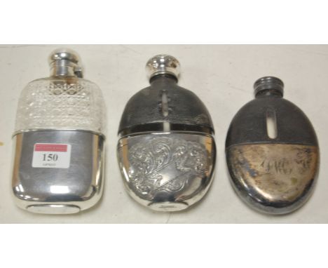 A Victorian cut glass and silver plated hip flask together with two other leather clad silver plated examples (3)