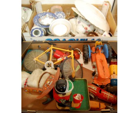 Mixed lot of childrens toys to include; tinplate Cragstan Crapshooter, plastic battery operated tractor, other tinplate toys,