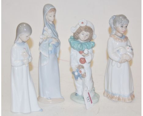 A Lladro figure modelled as a girl holding flowers together with two similar Nao figures and one other (4)