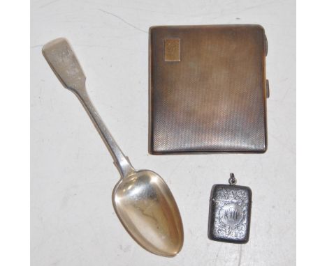 A mid 20th century silver pocket cigarette case with engine turned decoration together with a Victorian Fiddle pattern desser