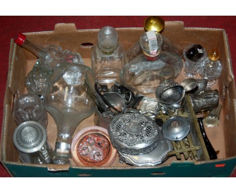 Two boxes of mixed effects to include silver plated trinket box, glassware, brass bedwarmer, embossed coppered jug etc