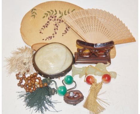 A 20th century Chinese light fitting, boxed, together with various other modern Chinese fans, carved figure and bead necklace