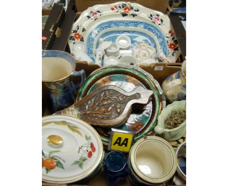 Three boxes of mixed china and effects to include; continental majolica bread plate, Royal Worcester Evesham tureen, brass ca