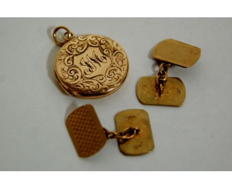 A pair of gents 9ct gold engine turned cufflinks together with an engraved 9ct gold locket, gross weight 9.1g