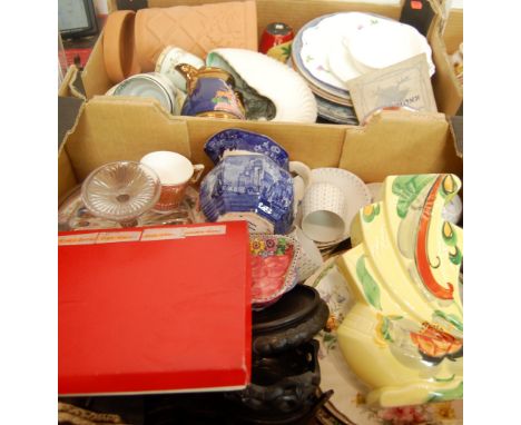 Three boxes of mixed china to include; Art Deco style Beswick handcraft vase, blue and white Wedgwood jug, transfer printed t