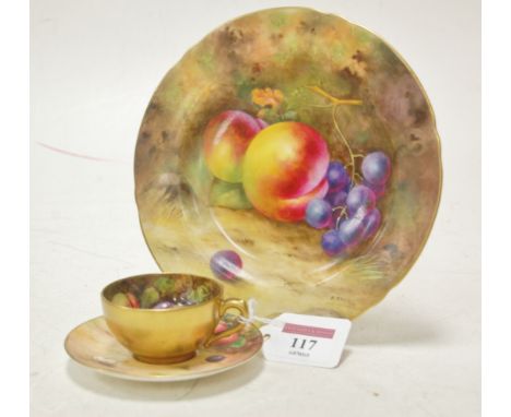 A circa 1900 Royal Worcester saucer hand painted with fruit, signed H Ayrton, together with a similarly painted miniature tea