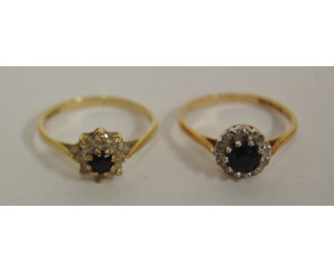 A ladies 9ct gold diamond sapphire set flowerhead cluster ring, together with a 9ct gold CZ set ring, 3g