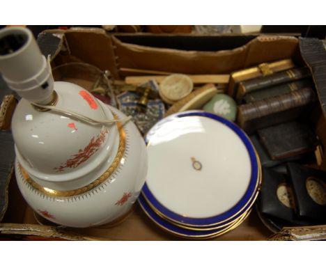 A box of mixed effects to include; Cauldron Gloucester Regiment plate, French porcelain table lamp, common prayer books etc 