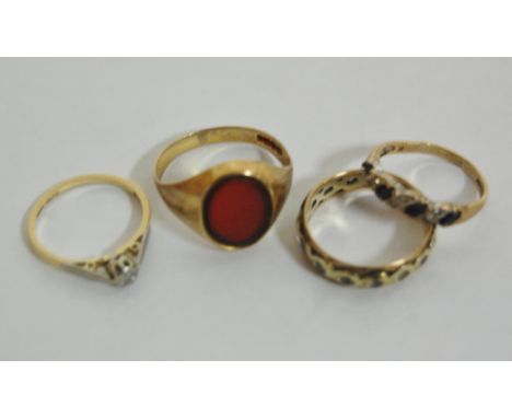 A gentleman's 9ct gold bloodstone signet ring and an 18ct ladies solitaire ring, 9ct gem set ring, and yellow metal eternity 