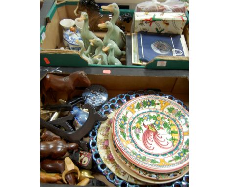 Two boxes of mixed effects to include; a set of Chinese ceramic ducks, Copenhagen porcelain polar bear, wooden and brass anim