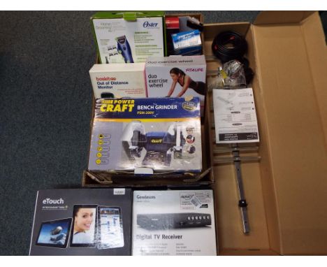 A good lot to include a Telecam loft aerial, a Goodmans TV receiver, Elonex E-Touch android tablet, a Powercraft child's benc