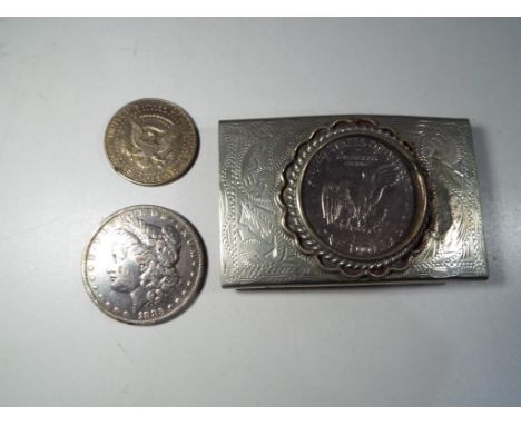 Numismatology - a US Morgan Dollar 1883, a Kennedy half Dollar, a One Dollar coind in buckle mount, a collection of predomina