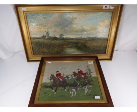 An oil on board depicting a landscape scene signed by the artist lower left (signature unclear) framed, 30cm x 55cm and a tap