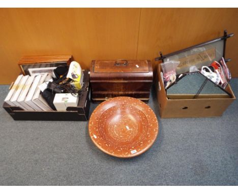 A good mixed lot containing a vintage typewriter, collectors plates, prints, boxed microscope, a large shallow bowl, a quanti