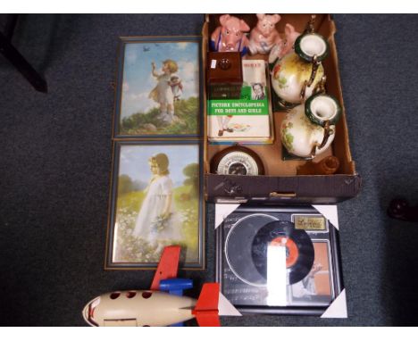 Lot to include a pair of two handled vases, an Isis I puzzleball game, three Wade Natwest pigs, wall barometer and similar.