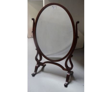MAHOGANY AND INLAID OVAL DRESSING TABLE MIRROR
with shaped arms and standing on splayed supports, 68cm high 