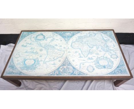 LARGE LOW ATLAS OCCASIONAL TABLE
the top inset with a print of the world under glass with a brass bound edge, standing on sto