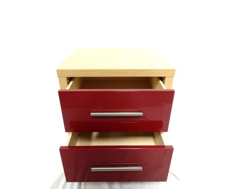 LIGHT OAK EFFECT FILING CABINET
with two burgundy gloss drawers, 50cm wide 