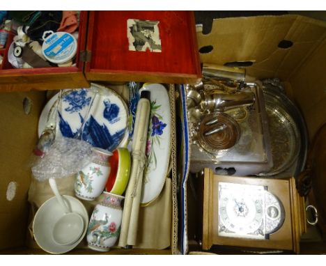 EPNS POTTERY, GLASSWARE &amp; TREEN, a collection to include a walnut sewing box and contents, a vintage Jubilee mantel clock