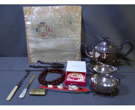 MIXED COLLECTABLES - electroplate tea service, amber type jewellery, sweetheart WWI handkerchief ETC