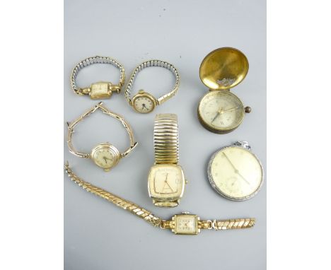 TWO 9CT GOLD CASED LADIES' WRIST WATCHES and three others, a vintage base metal pocket watch, marked to the back 'A M', watch