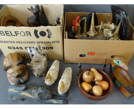 TWO BOXES OF MIXED COLLECTABLES including Horn and treen and an onyx mantel clock ETC