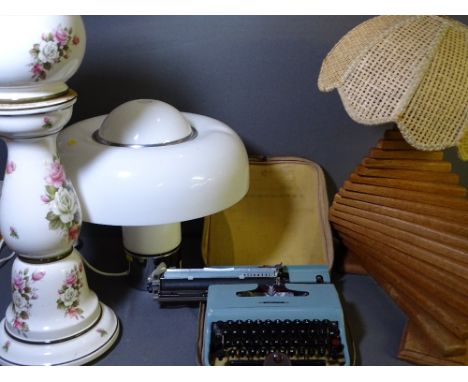 STYLISH MUSHROOM TOP TABLE LAMP, a wooden example and a floral decorated pottery jardiniere with stand and an Olivetti typewr